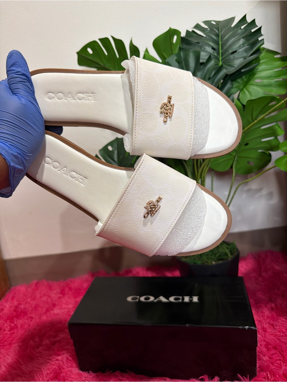 Coach White Slide Sandals with Gold Logo Accent
